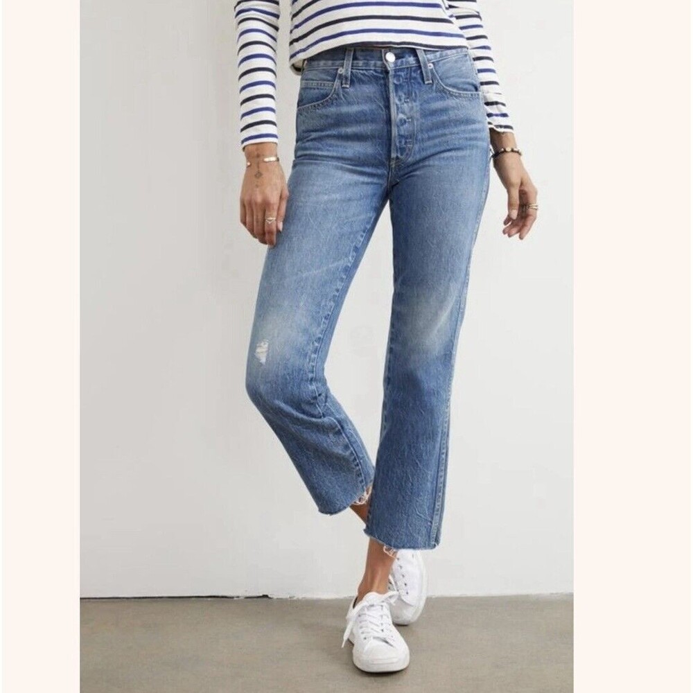 AMO Jeans Womens 31 High Rise Buttonfly Straight Leg Raw Hem Crop Denim Stargaze